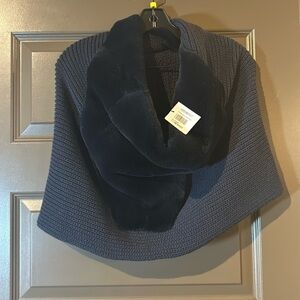 Lafayette 148 Navy Merino Tube Scarf with rabbit fur trim NWT